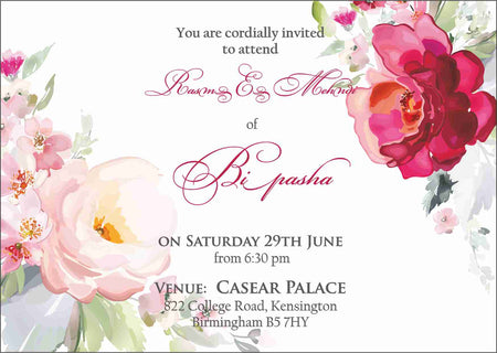 NZ 996 Gorgeous Pink and Red watercolour flowers MEHNDI INVITATION