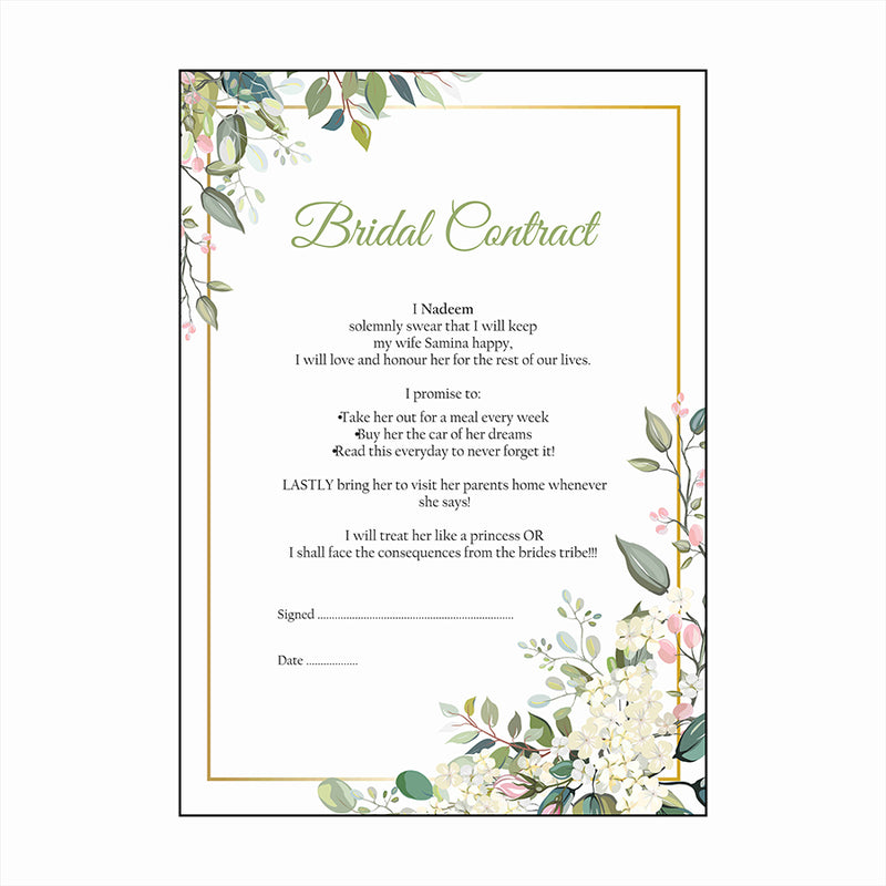 Pretty Pink Rosebud – A1 Bridal Contract – Funny Agreement for Husband/Wife