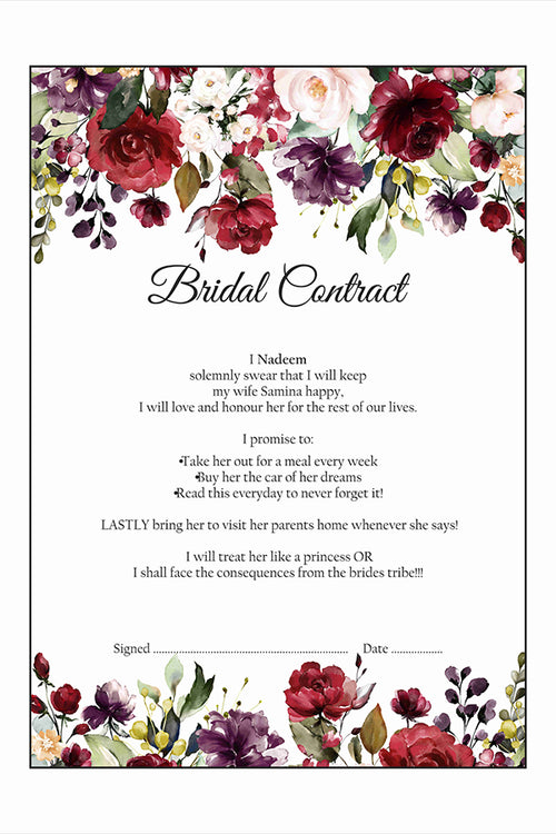 Load image into Gallery viewer, Maroon Rose  – A1 Bridal Contract – Funny Agreement for Husband/Wife
