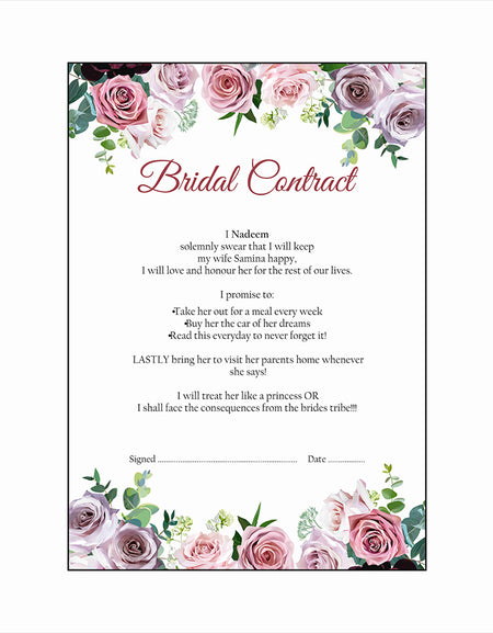 Purple Pink Rose – A1 Bridal Contract – Funny Agreement for Husband/Wife