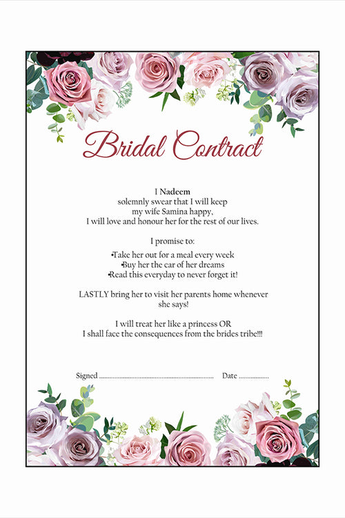 Load image into Gallery viewer, Purple Pink Rose – A1 Bridal Contract – Funny Agreement for Husband/Wife
