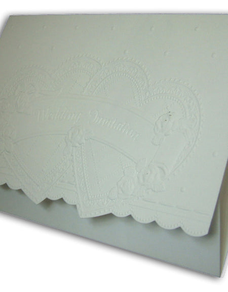 Only 50p each. Simple white embossed hearts cheap budget invitation 5076