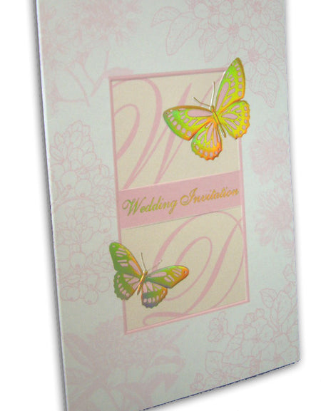 Close-up detail of 7123 Invitation, highlighting the holographic foil and embossed butterfly design, adding a dazzling and elegant touch to the light pink card