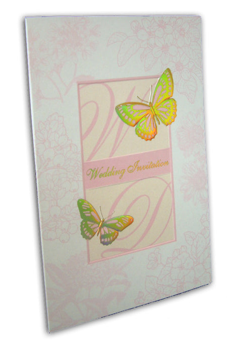 Close-up detail of 7123 Invitation, highlighting the holographic foil and embossed butterfly design, adding a dazzling and elegant touch to the light pink card