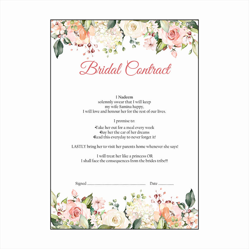 Peach Floral – A1 Bridal Contract – Funny Agreement for Husband/Wife