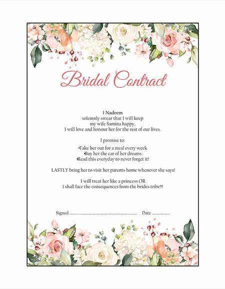 Peach Floral – A1 Bridal Contract – Funny Agreement for Husband/Wife
