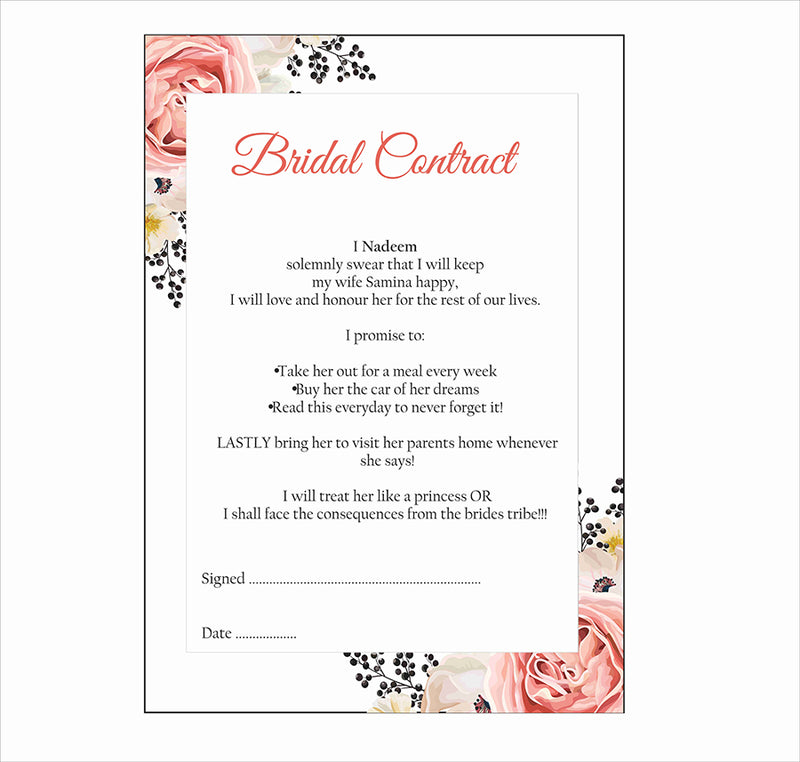 Peach Black Floral – A1 Bridal Contract – Funny Agreement for Husband/Wife