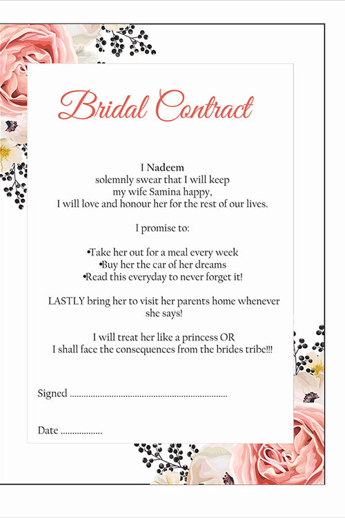 Load image into Gallery viewer, Peach Black Floral – A1 Bridal Contract – Funny Agreement for Husband/Wife
