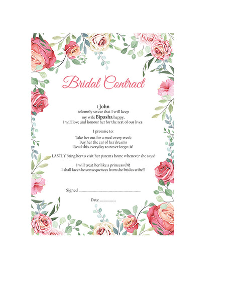 Front on view of Funny Bride & Groom Agreement with peach and pink flower and green leaves, its a funny bridal agreement