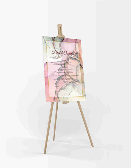 Side view of a funny wedding contract
or bridal agreement between husband & wife agreement which is Humorous Grooms Agreement in Pink and green marble design