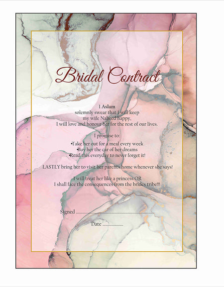 Front side view of a funny marriage agreement which is Funny Bride & Groom Agreement its a Marriage Agreement Banter with green and pink marble design