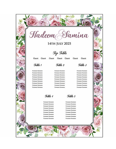 A1 personalised portrait Wedding Table Plan mounted 
on board can be placed on easle in gold leaf 
with Lilac and pink rose flower pattern with green leaves