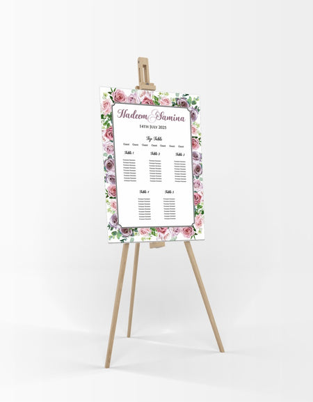 A1 personalised portrait Wedding Table Plan mounted 
on board can be placed on easle in gold leaf 
with Lilac and pink rose flower pattern with green leaves