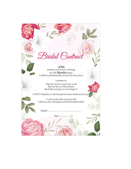 1075 – A1 Pink Rose Floral Border Bridal Contract, Marriage Contract