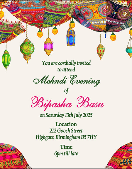 Bright colored Mehndi Henna Party Invitation card with Indian Umbrellas and Asian lanterns