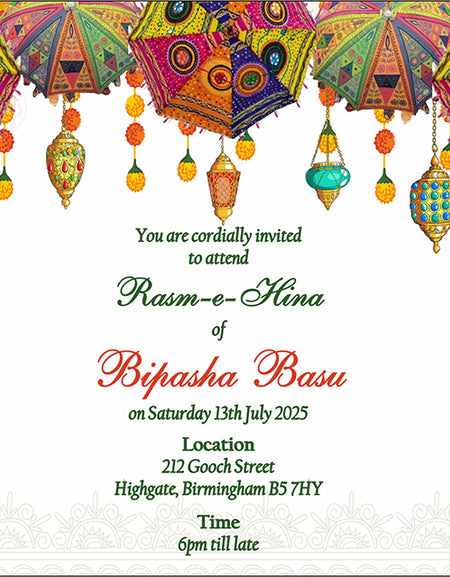 Front view of the Mehendi Card template for Desi Weddings with Colorful umbrellas and lanterns