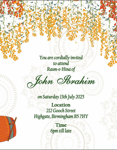 Mehendi Function Invitation with floral patterns and dholki design from shaadi card