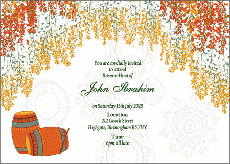 Mehendi Function Invitation with floral patterns and dholki design from shaadi card