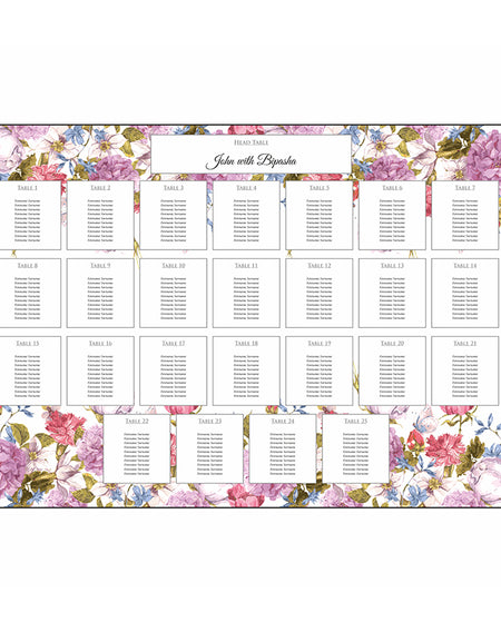 Full view of Watercolor Purple Floral Landscape A1 Table Plan, showcasing a romantic watercolor design with customizable table numbers and seating arrangements