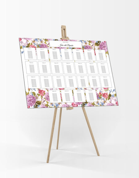 Close-up detail of the Watercolor Purple Floral Table Plan, highlighting the soft purple floral patterns that add a touch of elegance to the seating chart