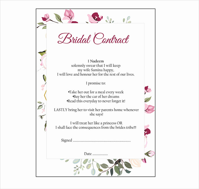 Purple Green Floral – A1 Bridal Contract – Funny Agreement for Husband/Wife