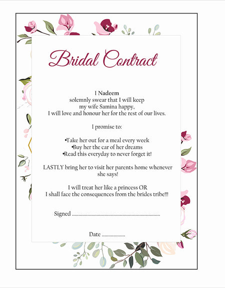 Front View of the funny wedding contract for Amusing Bridal Contract for great Banter Bridal Contract, Comic Marriage Contract with pink, red and green floral artwork