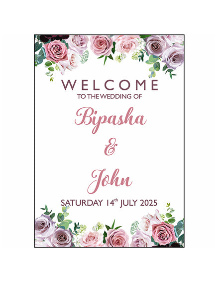 Side view of the wedding welcome with pink, purple and green flowers from shadi cards