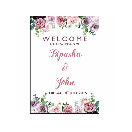 Side view of the wedding welcome with pink, purple and green flowers from shadi cards