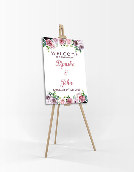 fron view of the Floral design in purple and pink wedding welcome poster sign from shaadi cards
