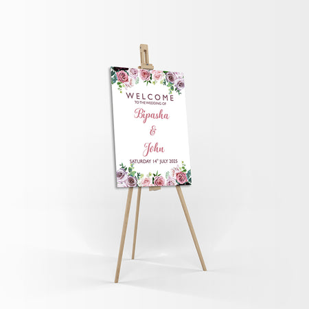 fron view of the Floral design in purple and pink wedding welcome poster sign from shaadi cards