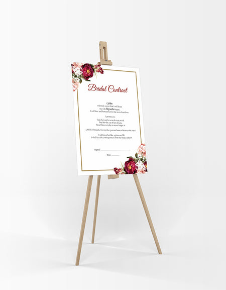 Resting on Easel this is a funny agreement between couples, Farcical Bridal Contract, Entertaining Bridal Contract, contract between husband and wife, Comical Bridal Contract, Comic Marriage Contract, Bride & Groom Contract