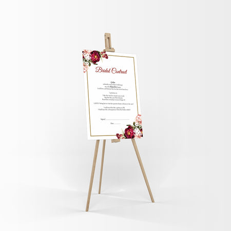 Resting on Easel this is a funny agreement between couples, Farcical Bridal Contract, Entertaining Bridal Contract, contract between husband and wife, Comical Bridal Contract, Comic Marriage Contract, Bride & Groom Contract