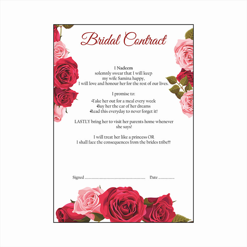 Red Rose – A1 Bridal Contract – Funny Agreement for Husband/Wife