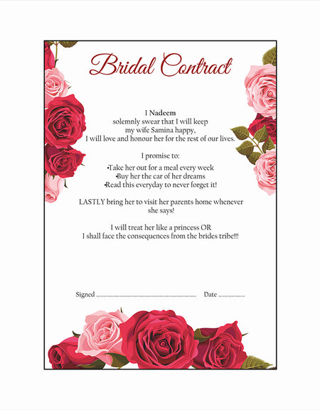 Red Rose – Bridal Marriage Contract – Funny Agreement for Husband/Wife