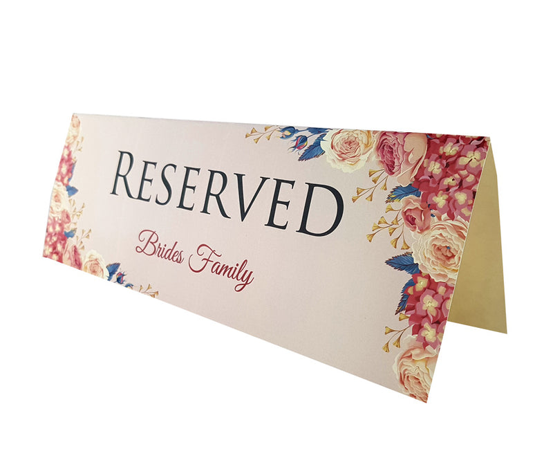 Table reserved card with cream, red, and blue peonies floral design shaddi cards birmingham uk