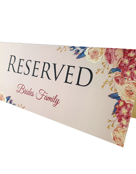 Table reserved card with cream, red, and blue peonies floral design shaddi cards birmingham uk