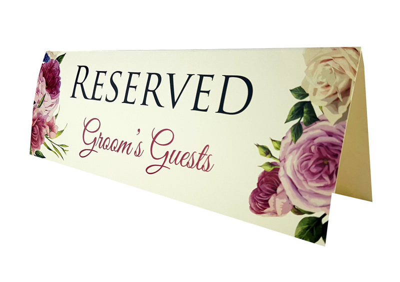 Elegant purple and lilac floral table reserved card for weddings and events by shadi card.com