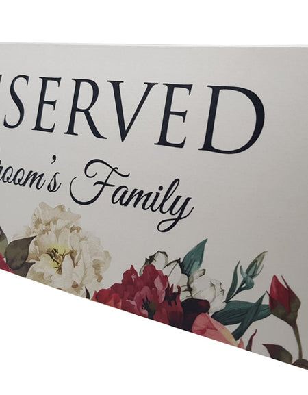 RV 102 Table Arrangement Reserved Card for Groom’s Family featuring pink, red, and white watercolor flowers on high-quality cardstock.