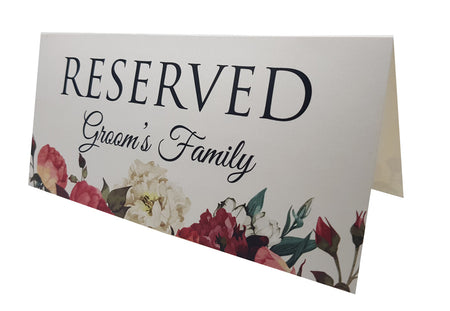 RV 102 Table Arrangement Reserved Card for Groom’s Family featuring pink, red, and white watercolor flowers on high-quality cardstock.