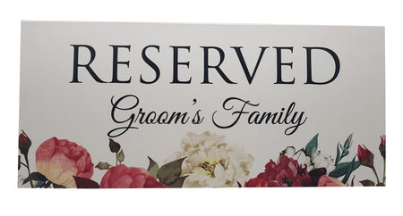 Close-up of the RV 102 Reserved Seating Sign, highlighting the elegant floral design and clear, stylish typography.