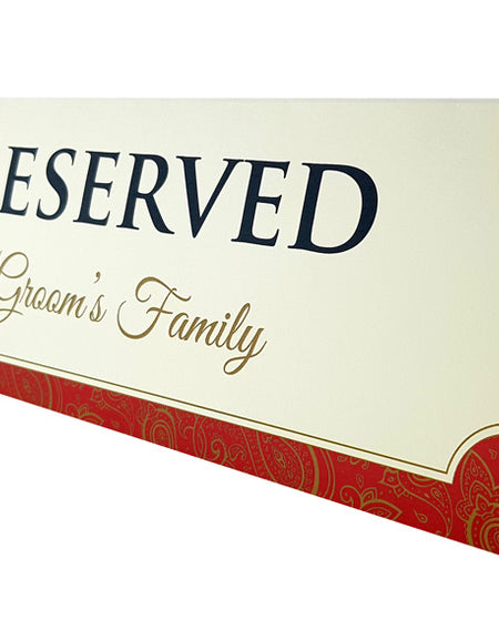Red border table reserved card with gold and black elegant text by shaddi cards.com