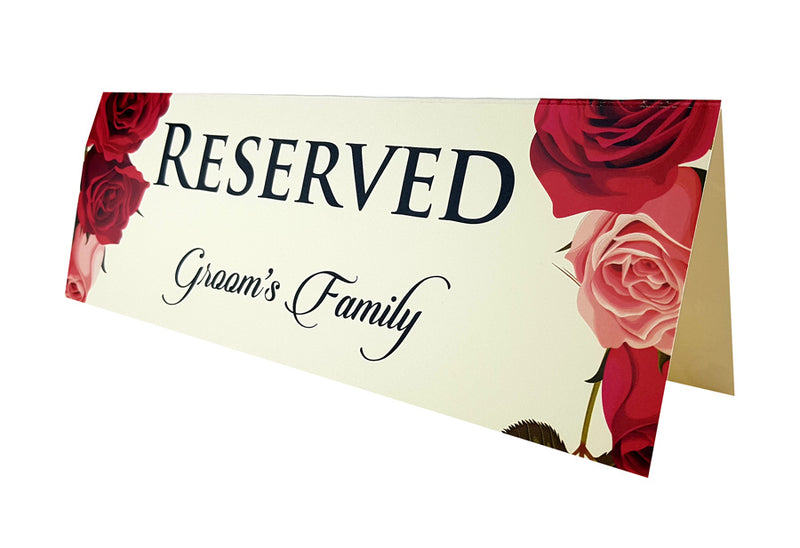 Red and pink rose floral reserved table card for weddings shaadicards .com