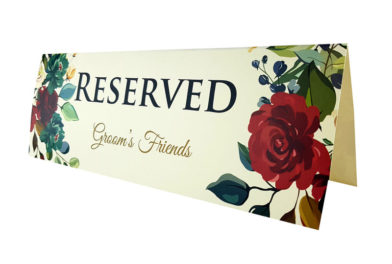 Red, green and maroon watercolour roses border design grooms family reserved table sign