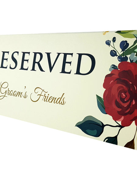 Red, green and maroon watercolour roses border design grooms family reserved table sign