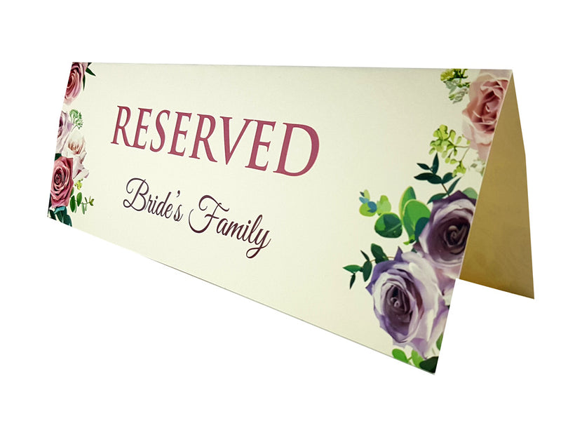 Purple, pink & green floral reserved place card for weddings & events from shaadi cards.com
