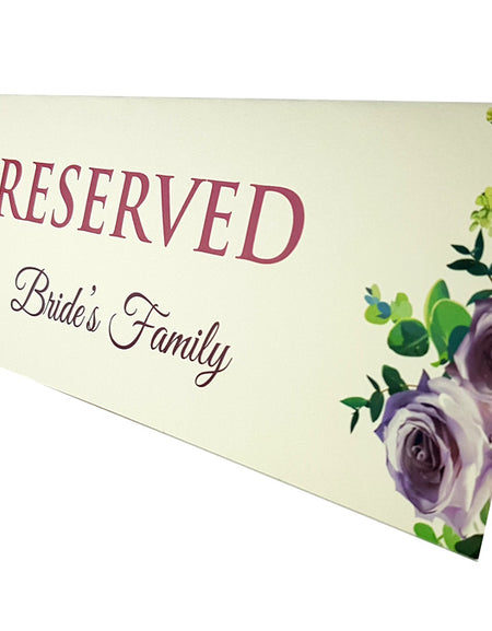 Purple, pink & green floral reserved place card for weddings & events from shaadi cards.com