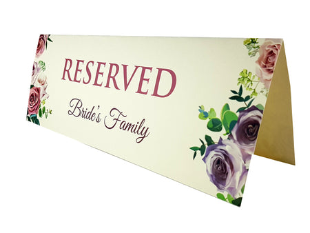 Purple, pink & green floral reserved place card for weddings & events from shaadi cards.com