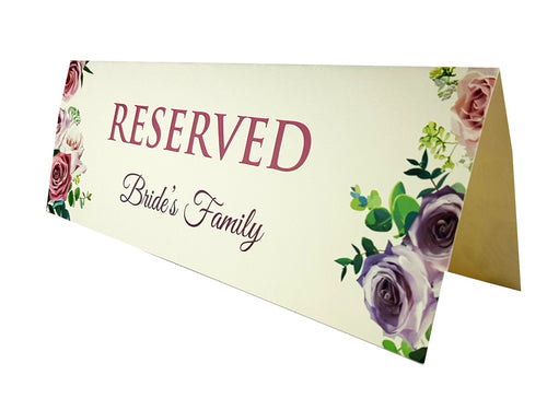 Load image into Gallery viewer, Purple, pink &amp; green floral reserved place card for weddings &amp; events from shaadi cards.com
