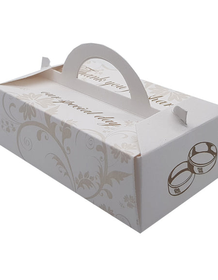 Filigree print and gold rings gable shaped personalised favour boxes