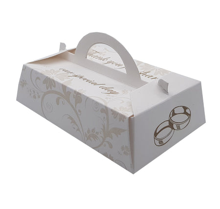 Filigree print and gold rings gable shaped personalised favour boxes